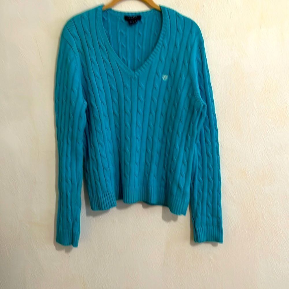 Chaps Turquoise Cable Knit 100% Cotton Long Sleeve V Neck Pullover Sweater XL